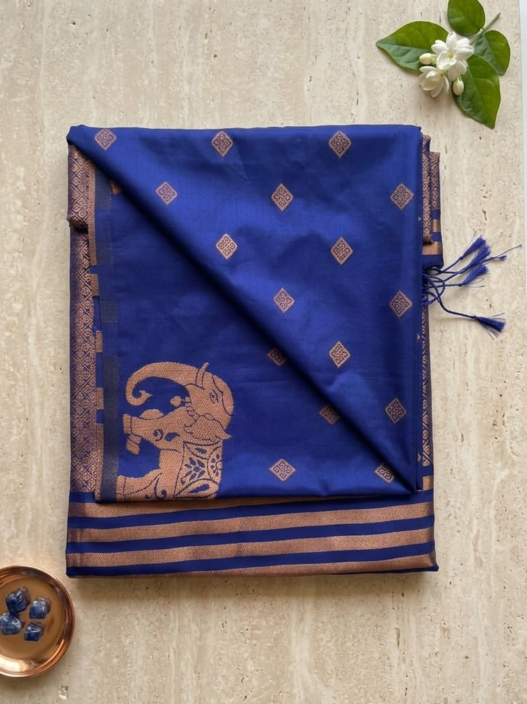 Soft Silk Saree-Nayantara Blue & Copper Zari