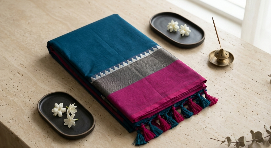Pure Cotton Saree-Blue