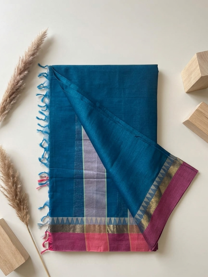 Pure Cotton Saree-Blue