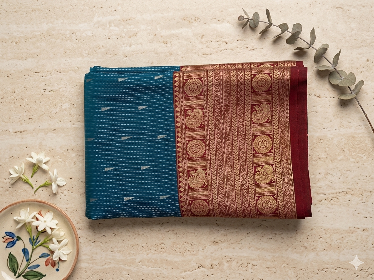 Semi Kanchi Silk Saree – Sky Blue with Maroon Border
