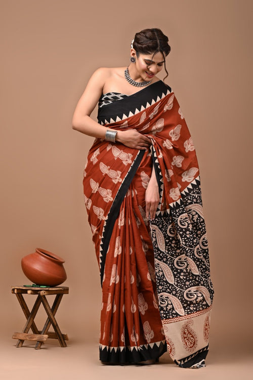 Bagru Handblock Mulmul Cotton Saree