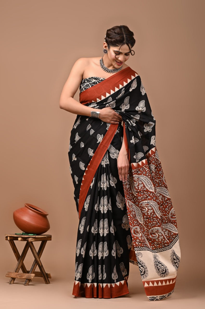 Bagru Handblock Mulmul Cotton Saree