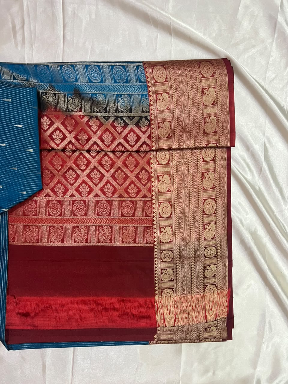 Semi Kanchi Silk Saree – Sky Blue with Maroon Border