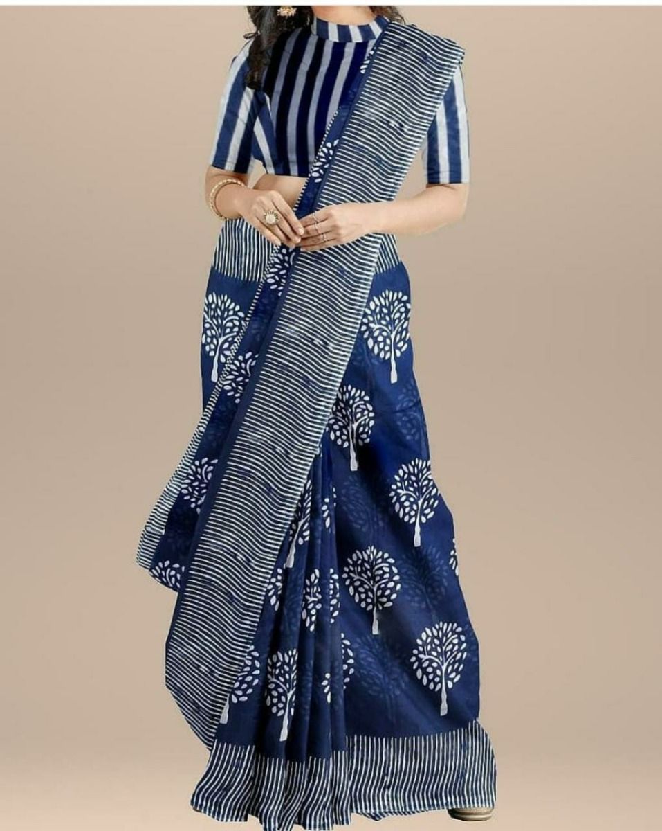 Pure Cotton Mulmul Saree-Indigo